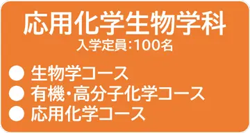 応用化学生物学科　入学定員：100名　コース：生物学コース、有機・有機・高分子化学コース、応用化学コース